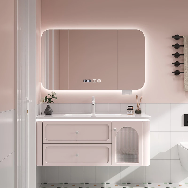 智能法式圆角粉色橡木浴室柜组合陶瓷一体盆卫浴柜洗漱台洗脸池