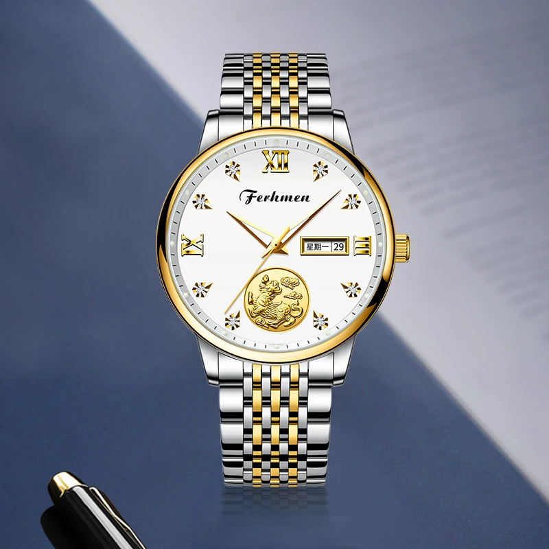 金麒麟真金真钻双日历商务防水男士机械表TZ-F8500-B