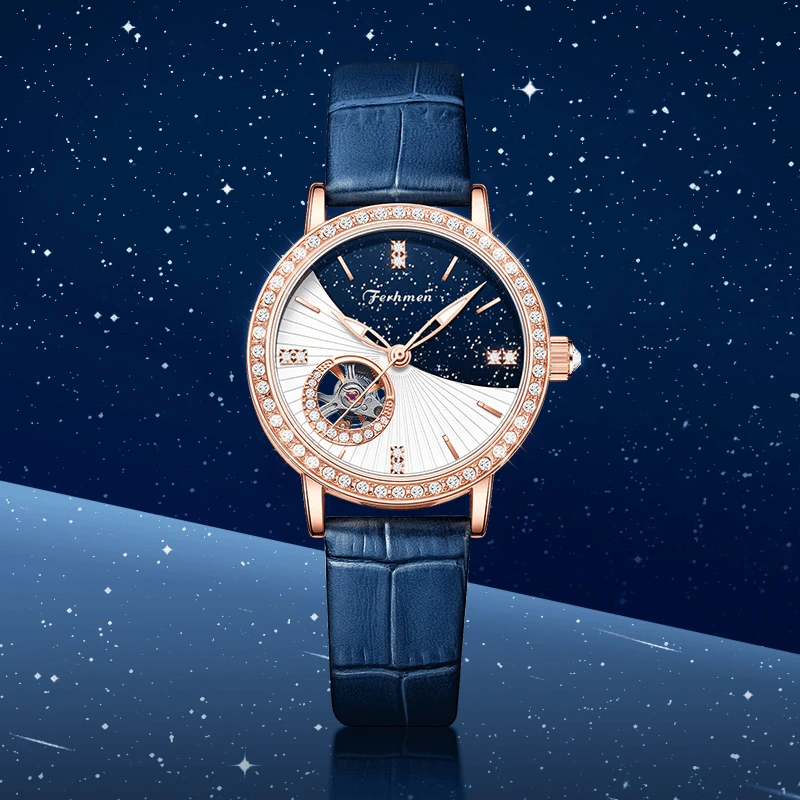 夜曲系列 满天星辰全景真钻夜光镂空女士机械表F6015