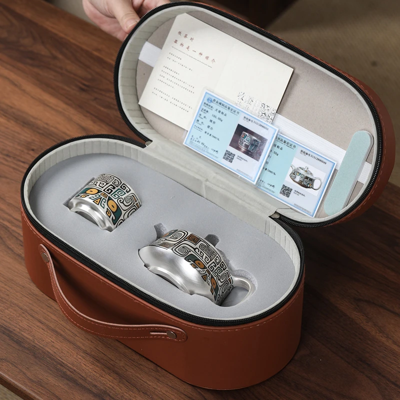 银壶纯999足银饕餮一壶一杯陶瓷银壶金银错随身便携旅行功夫茶具