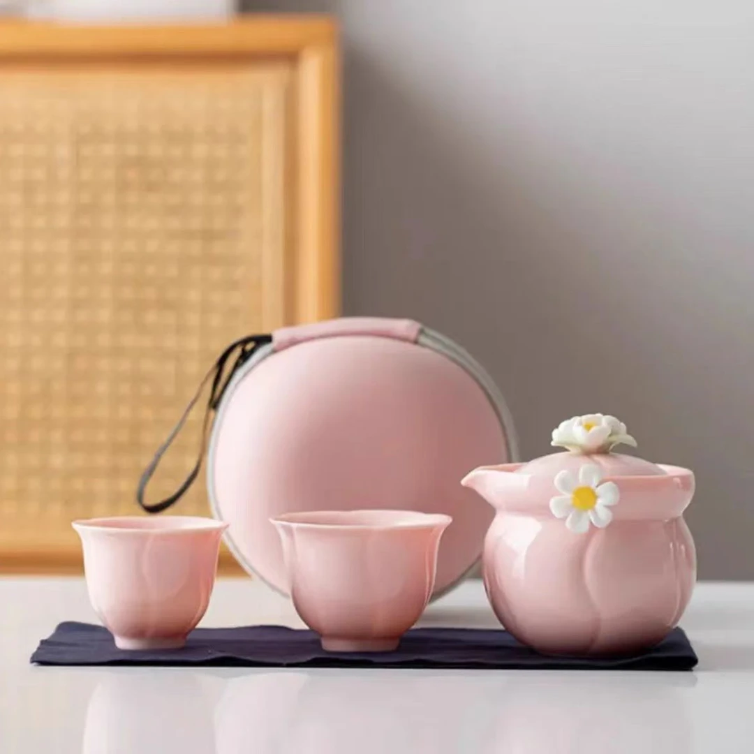 【视频同款】羊脂玉粉色捏花快客旅行茶具一壶两杯小套装