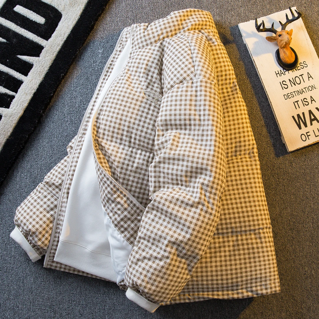 美式立领棉服复古格子棉衣外套男冬季潮牌宽松情侣加厚保暖面包服