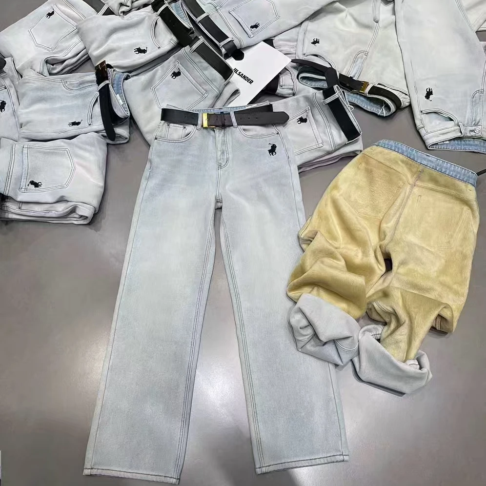 W2380-刺绣牛仔裤女加绒窄版直筒裤女高腰显瘦宽松