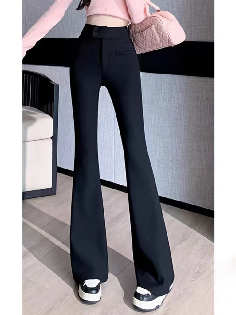 W1976-黑色微喇裤秋冬新款高腰西装裤高级感垂感显瘦小个子马蹄裤