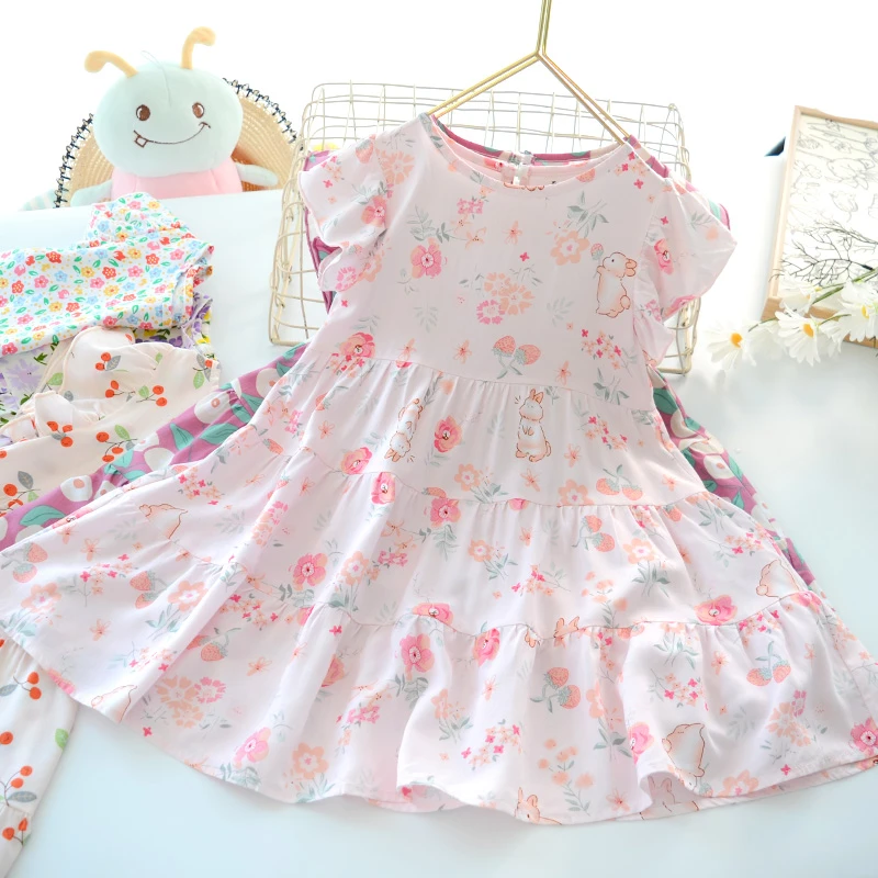 儿童夏季蛋糕裙 女童绵绸公主裙 人造棉透气薄款沙滩裙碎花裙