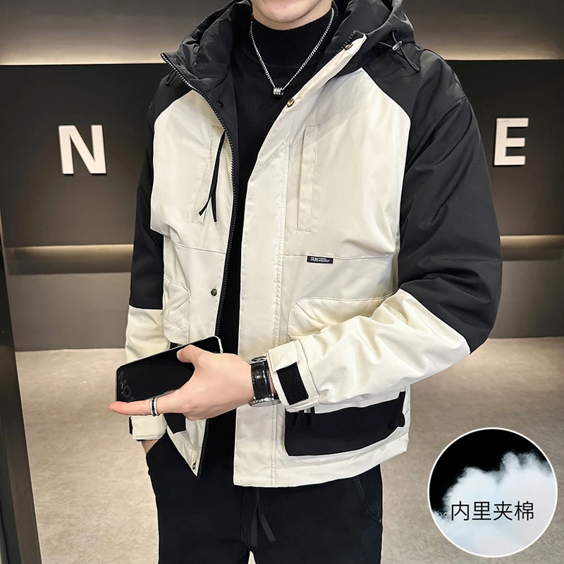 连帽棉衣二棉夹克男装2023秋冬新款潮流撞色工装外套宽松青年保暖