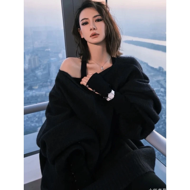 戚薇同款两件套套装性感心机背心露肩长袖上衣秋冬显瘦黑色毛衣女