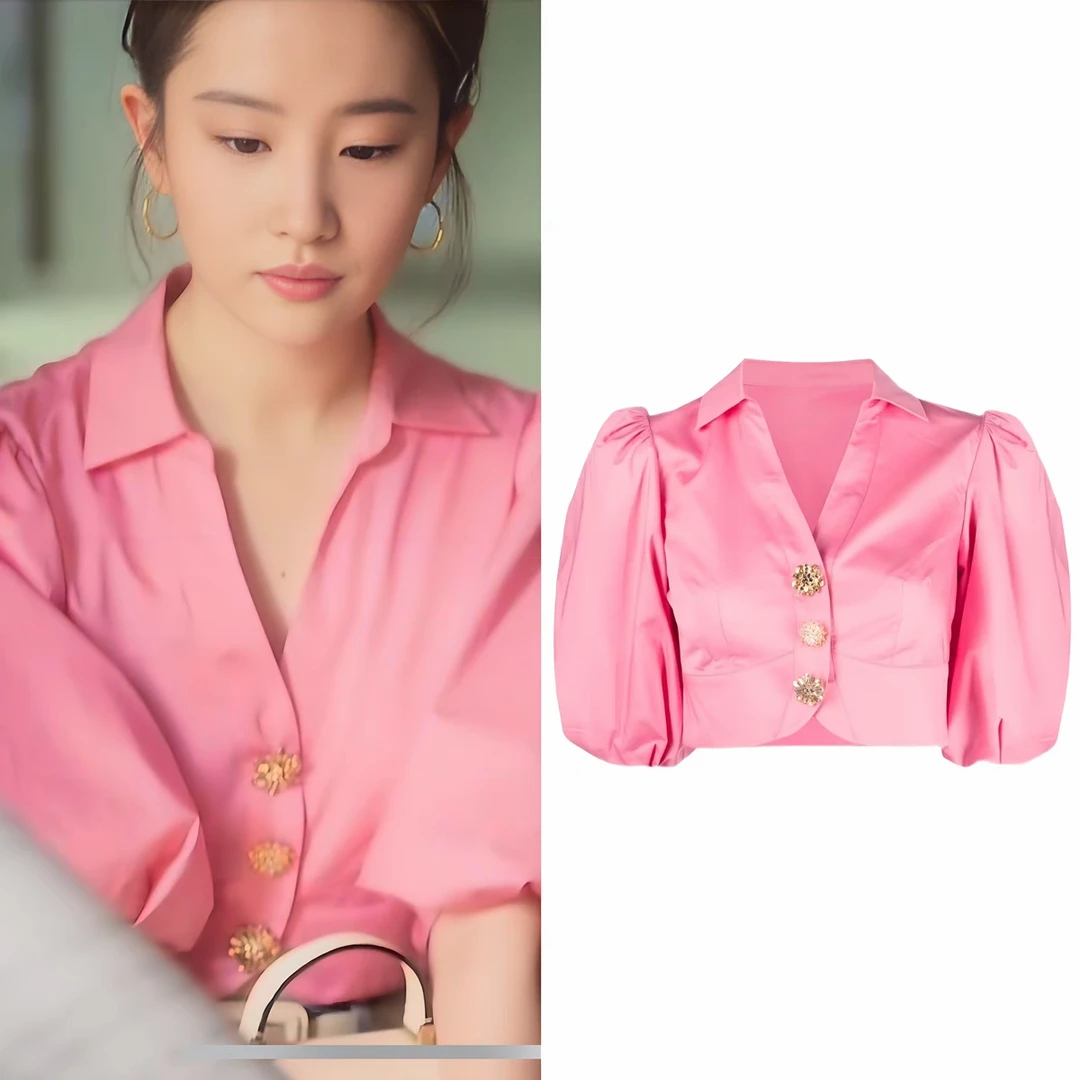 玫瑰的故事刘亦菲同款粉色泡泡袖衬衫短款poloV领衬衣复古法式夏