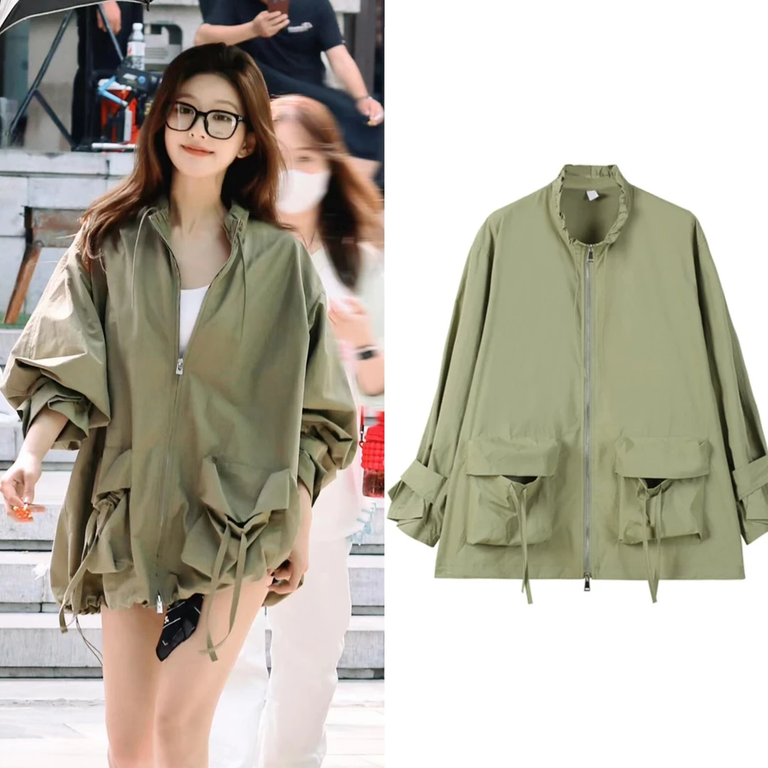 许我耀眼许妍赵露思明星同款军绿色日式工装风薄短外套风衣夹克衫