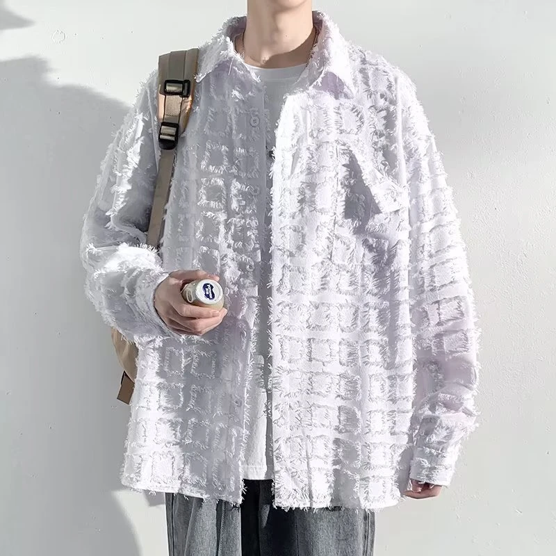 【小扬哥推荐】2023年春新款磨毛长袖格子衬衫男港风衬衣外套设计感