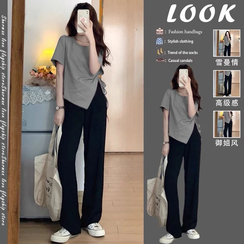 2025新款夏季含棉女装微胖mm显瘦遮肉轻熟盐系穿搭上衣两件套装