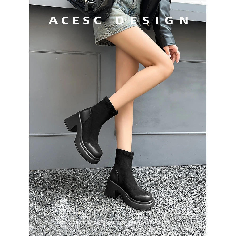 CHEN/辰风 洋气短靴厚底高筒靴2024年早秋新款时尚绒面 A24391051