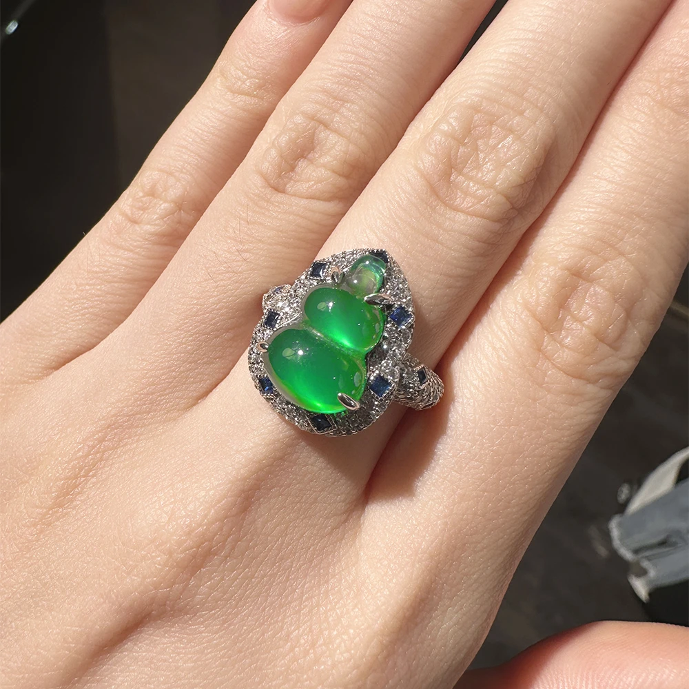925银合成锆石戒指 绿色葫芦戒指镶嵌银戒