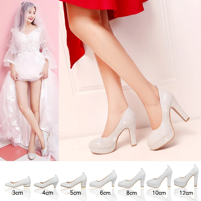 亮片水晶鞋婚鞋女新娘鞋银色婚纱鞋礼服伴娘鞋圆头舞台演出鞋高跟