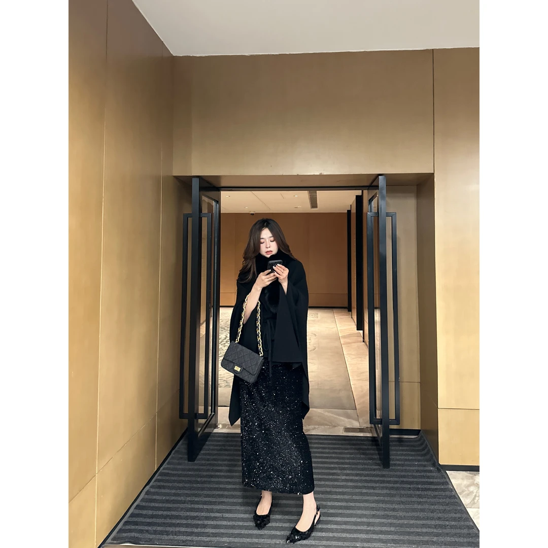 【龙哥清仓】亮片半身裙气质通勤显瘦直筒裙时尚黑色中长款YY-165