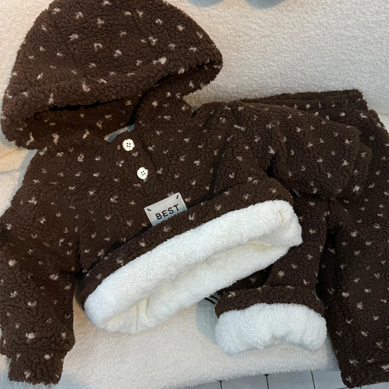 童装2025冬季儿童羊羔毛加绒套装男女宝宝加厚家居服两件套棉服潮