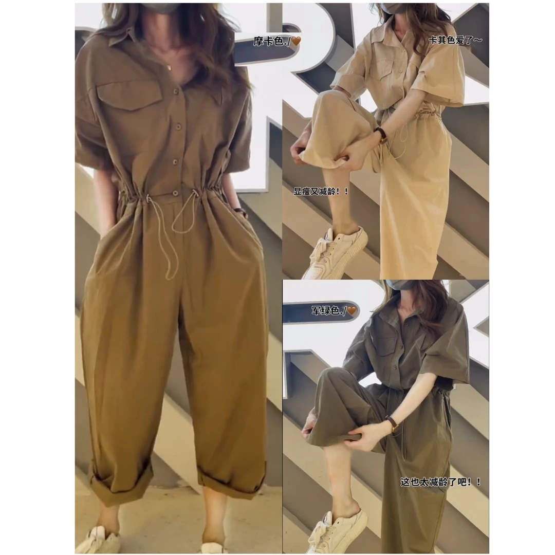 2025夏季新款水洗棉透气工装连体裤减龄宽松显瘦抽绳翻领短袖套装