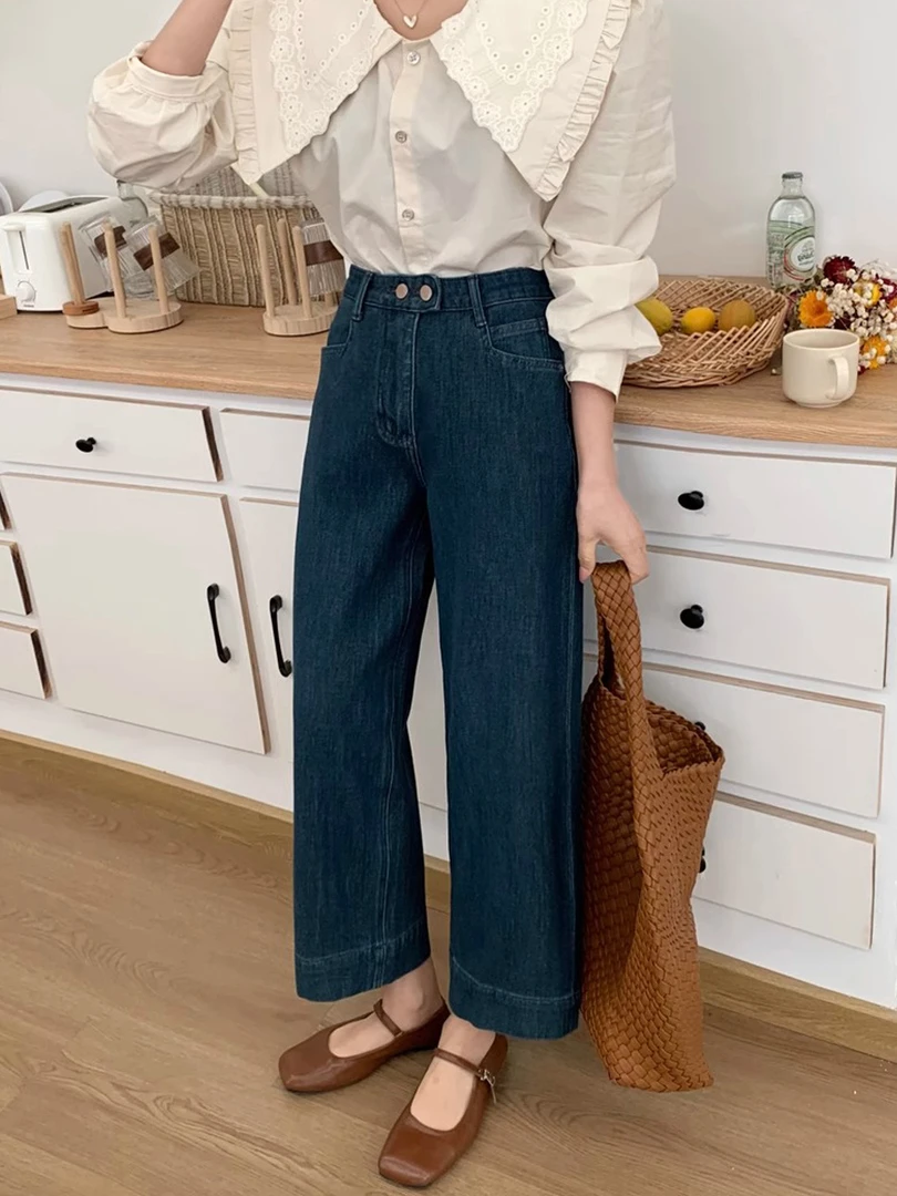 2025秋季大码女装宽松直筒九分牛仔裤胖妹妹显瘦双扣设计感阔腿裤