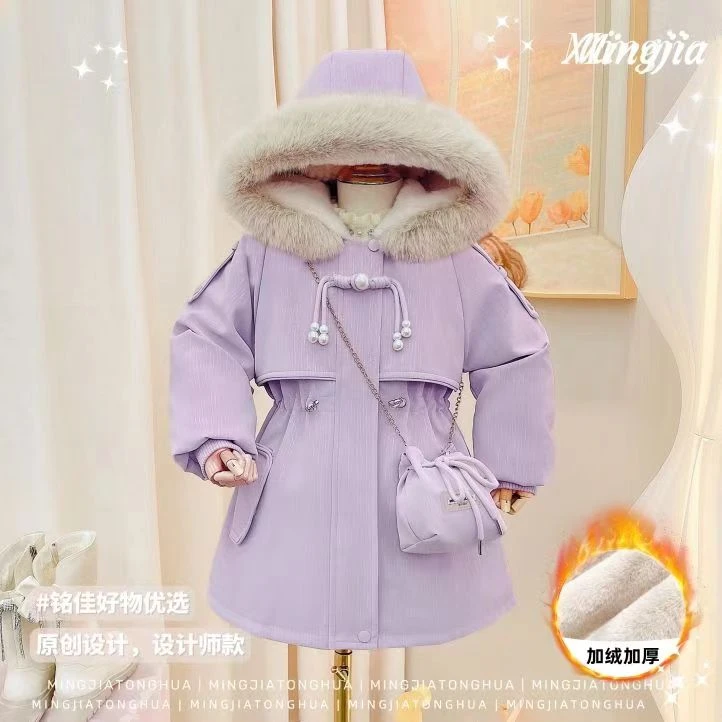 女童皮衣派克服儿童洋气连帽中长款加绒加厚保暖冬季大童韩版秋冬