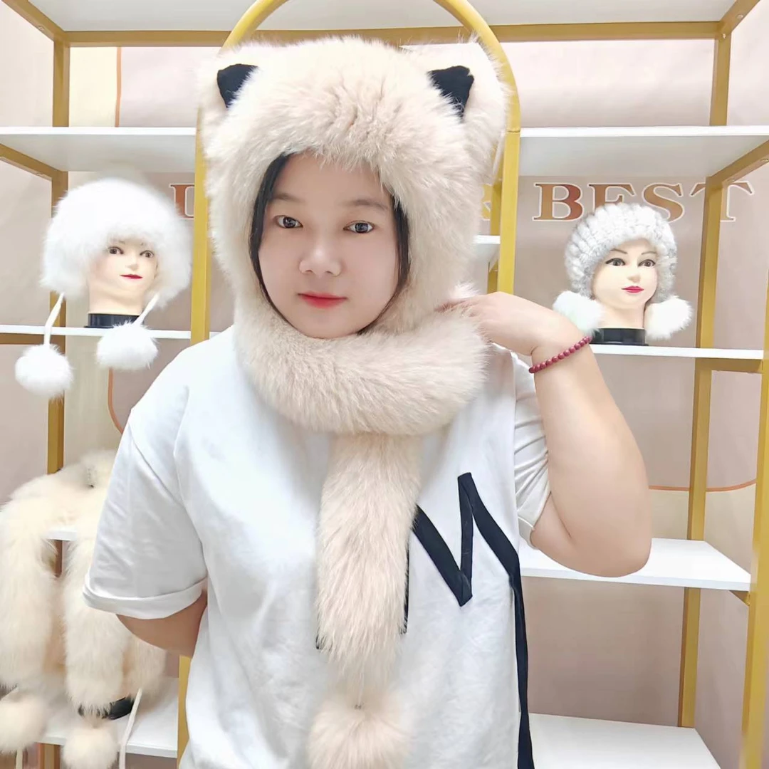 2024新款狐狸毛小熊带围巾连帽冬季保暖网红同款帽子百搭真毛帽子