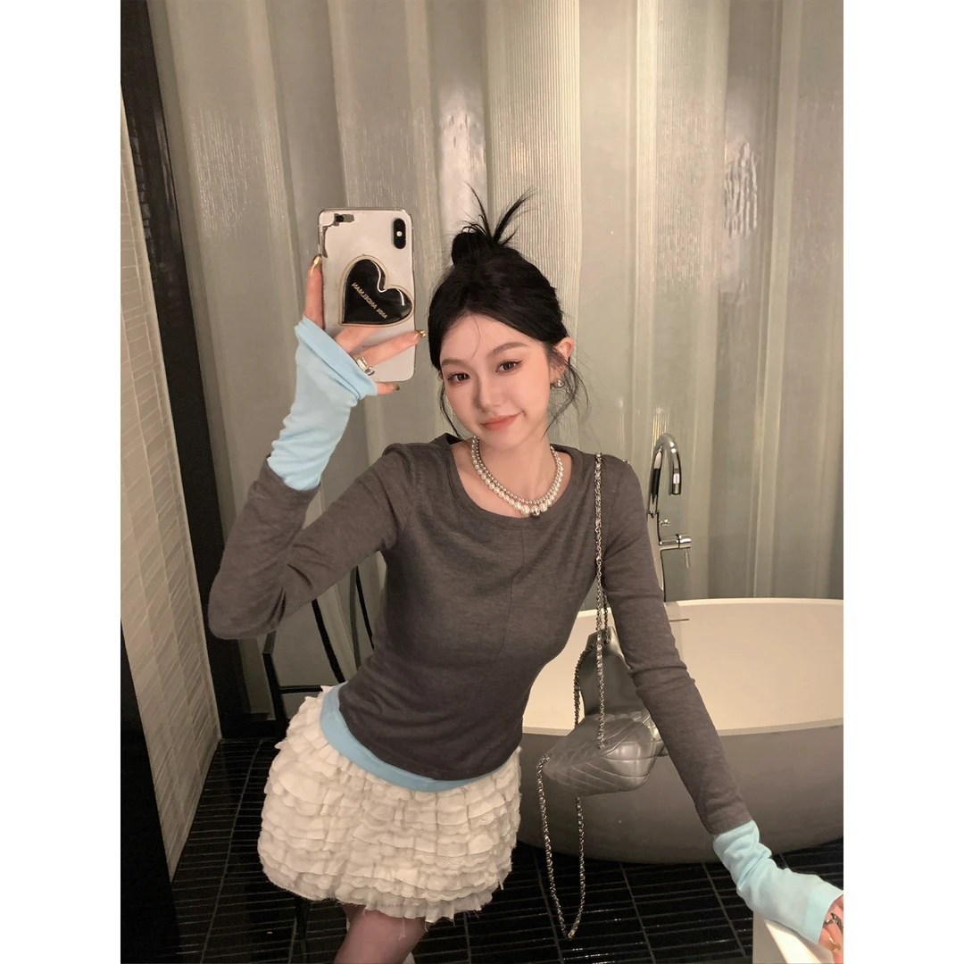 区区欧阳 假两件长袖针织T恤女春季新款修身内搭打底衫上衣