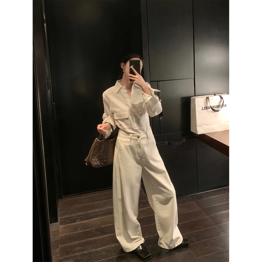 区区欧阳【雅痞老裤】磨毛白色牛仔裤女冬季高腰直筒阔腿裤宽松长