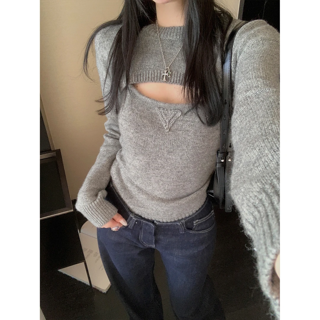 区区欧阳解构辣妹长袖针织衫披肩上衣内搭打底衫吊带背心辣妹修身