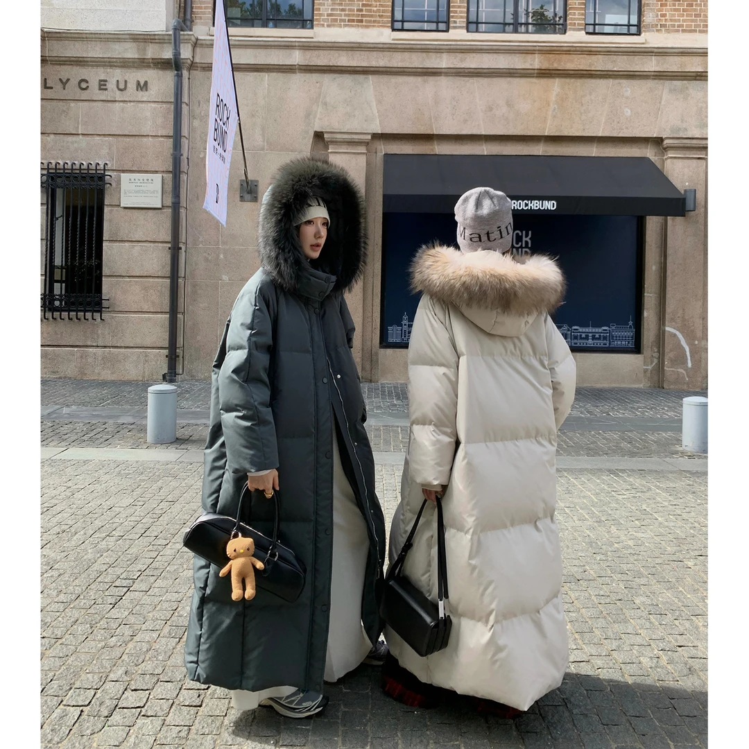 区区欧阳 90白鸭绒羽绒服女冬季子毛领中长款加厚保暖连帽外套