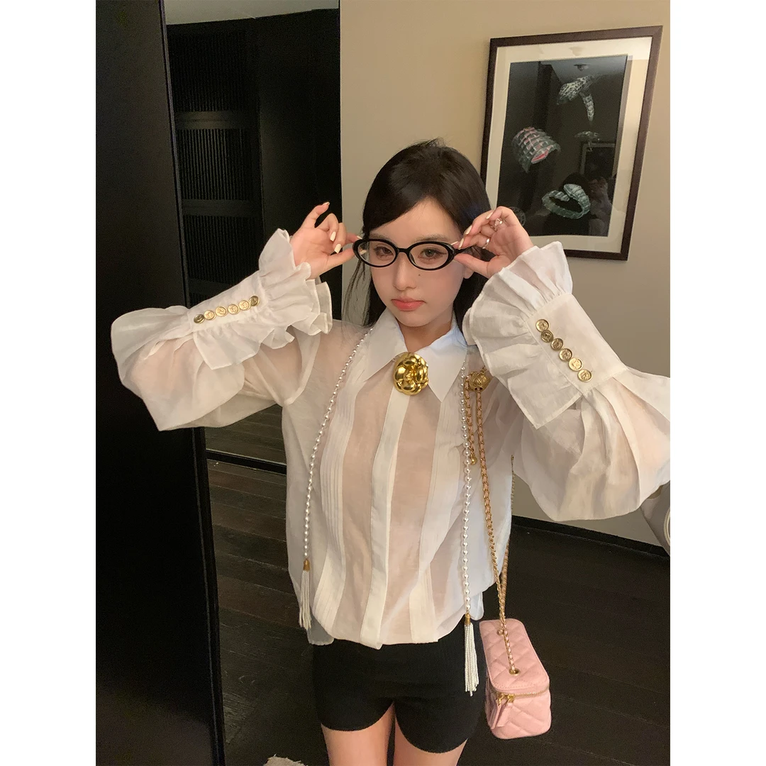 区区欧阳 春季荷叶边法式衬衣设计感小众上衣