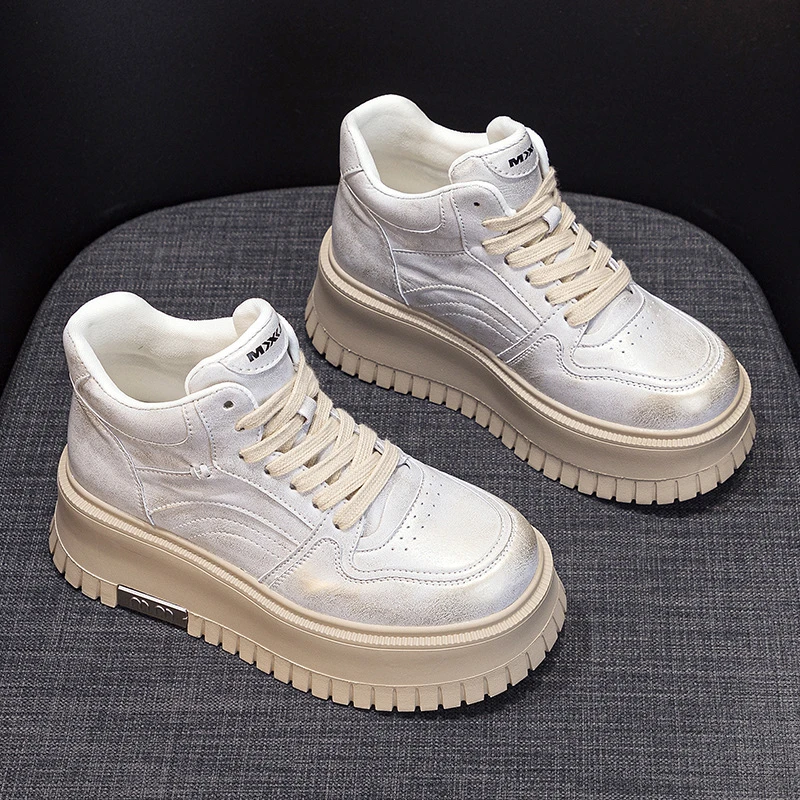 万达撤柜头层牛皮厚底高帮加绒小白鞋女2025增高百搭女鞋爆款板鞋