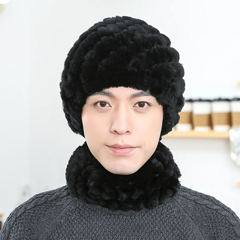 中老年男士冬季保暖护耳帽子套编织獭兔毛帽子围脖套爸爸礼物