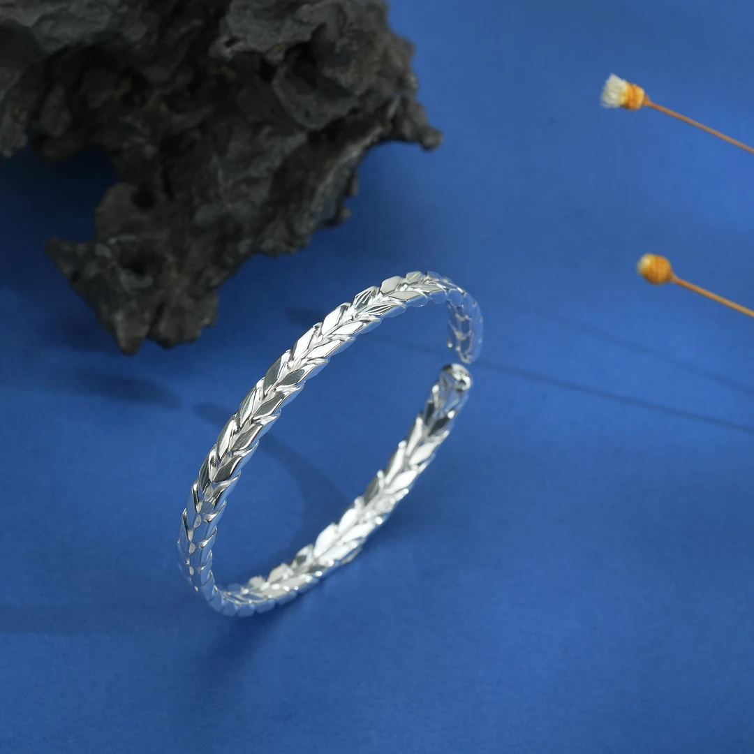 足银手镯 足银999.9时尚百搭款实心麦穗手镯【克重约24克左右】