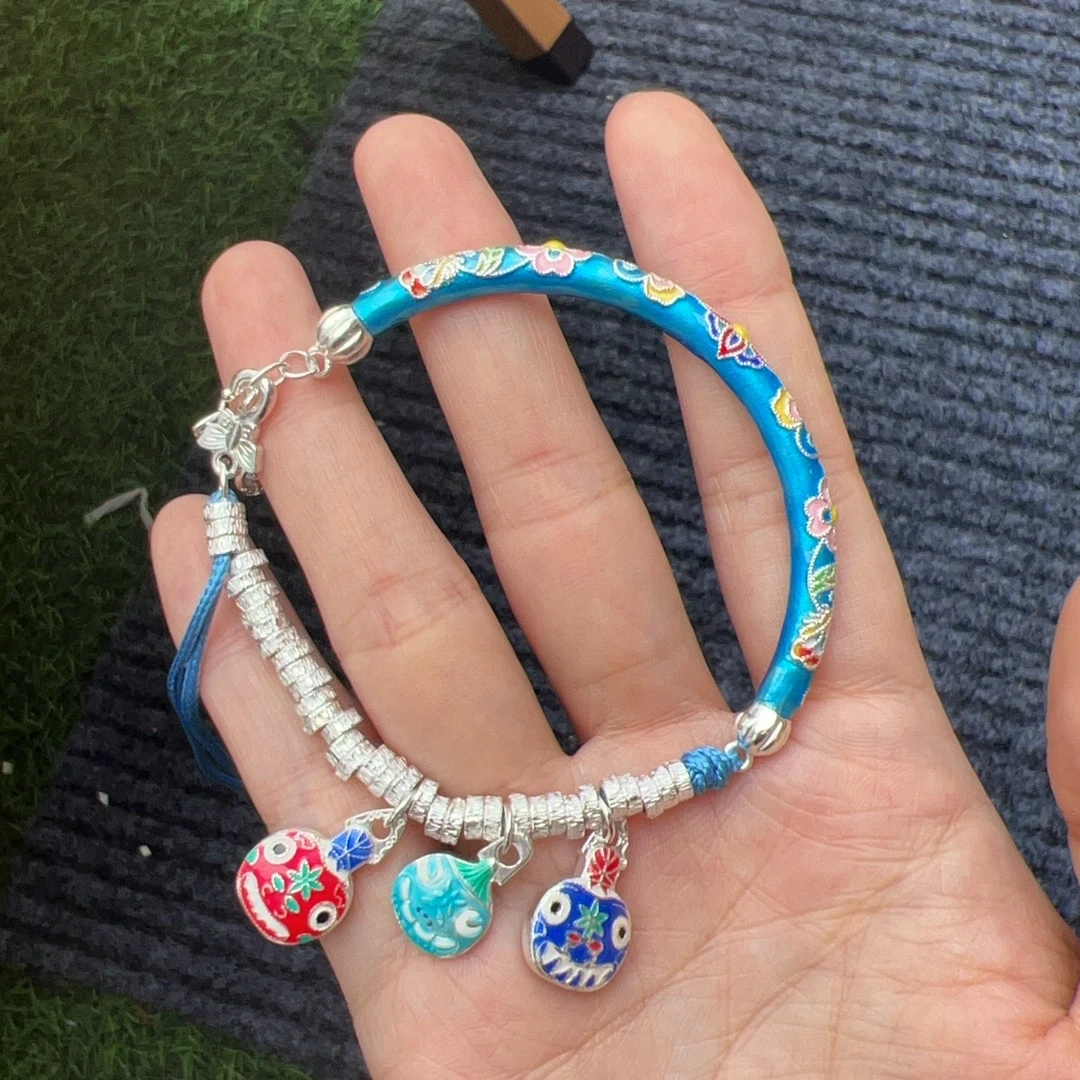 足银手镯 足银999.9时尚设计款蓝色珐琅半镯【克重约30克左右】