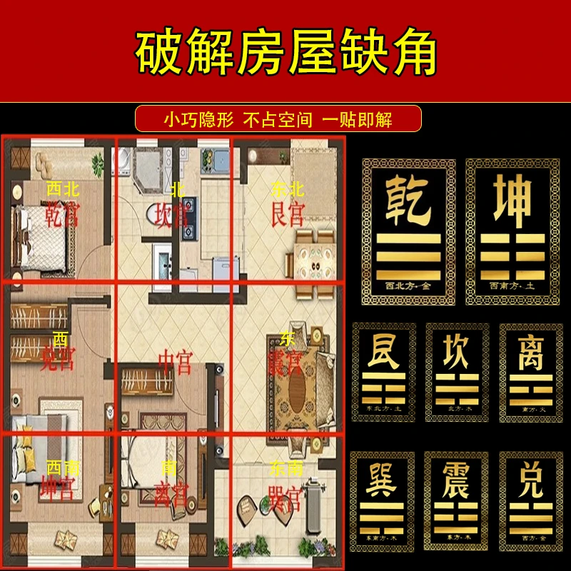 房屋缺角化解金属补角贴家居门对门摆件乾坤巽卦八卦贴西南西北东