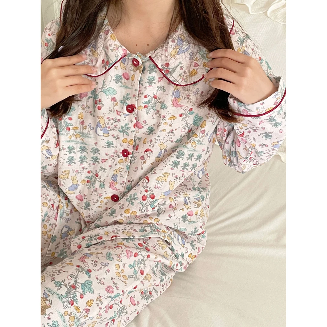 睡个好觉兔兔女款娃娃领家居服套装A类全棉双层纱长袖+长裤睡衣