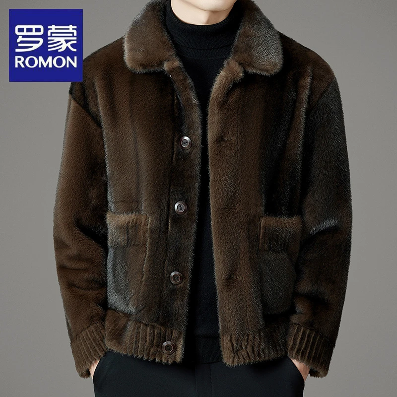 罗蒙冬季皮毛一体雪兰雕绒男士短款外套仿貂绒保暖翻领双面穿夹克