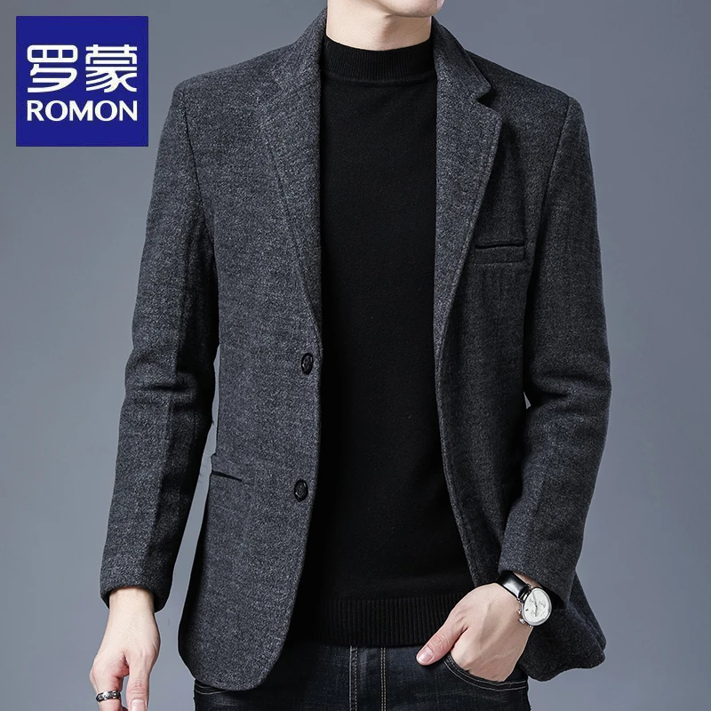 罗蒙秋冬季新款男士中青年休闲西服商务保暖西装外套纯色潮流上衣