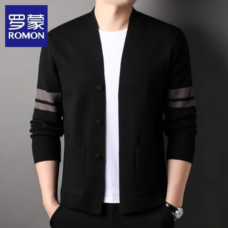 罗蒙春秋季新款男士休闲针织开衫薄款中青年百搭外套纯色上衣毛衣