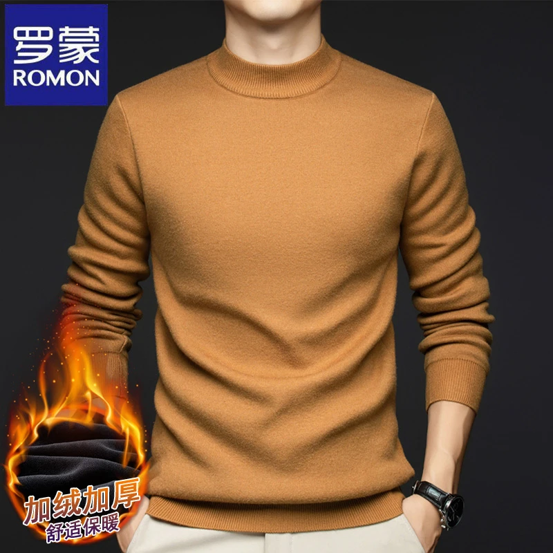【加绒加厚】罗蒙秋冬季一体绒毛衣男士休闲纯色半高领长袖针织衫潮