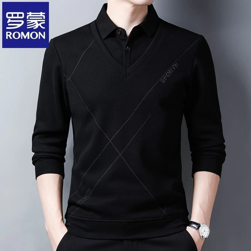 罗蒙高档春秋季男士假两件长袖百搭针织衫休闲时尚毛衣韩版上衣潮