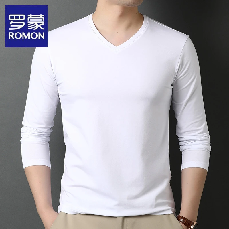 罗蒙长袖t恤纯棉V领男士体恤纯色春秋季打底衫休闲百搭鸡心领上衣