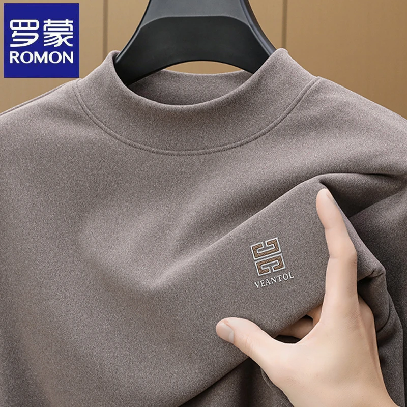 罗蒙纯色中青年半高领德绒卫衣秋冬季百搭亲肤修身长袖男士打底衫