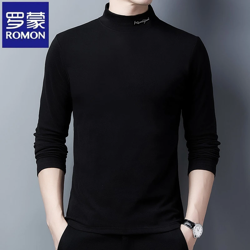 罗蒙半高领纯色打底衫卫衣秋冬季时尚百搭男士长袖休闲简约上衣服