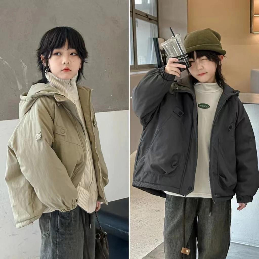 男童夹棉工装冲锋衣秋冬新款中大童儿童加棉加厚连帽棉服男孩棉衣