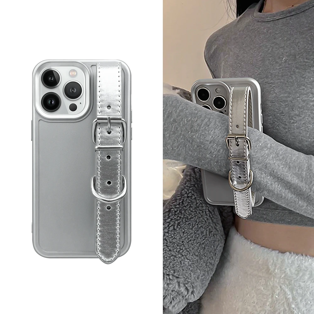 ins冷淡风简约银色手腕带iphone15promax苹果14手机壳13/12硅胶