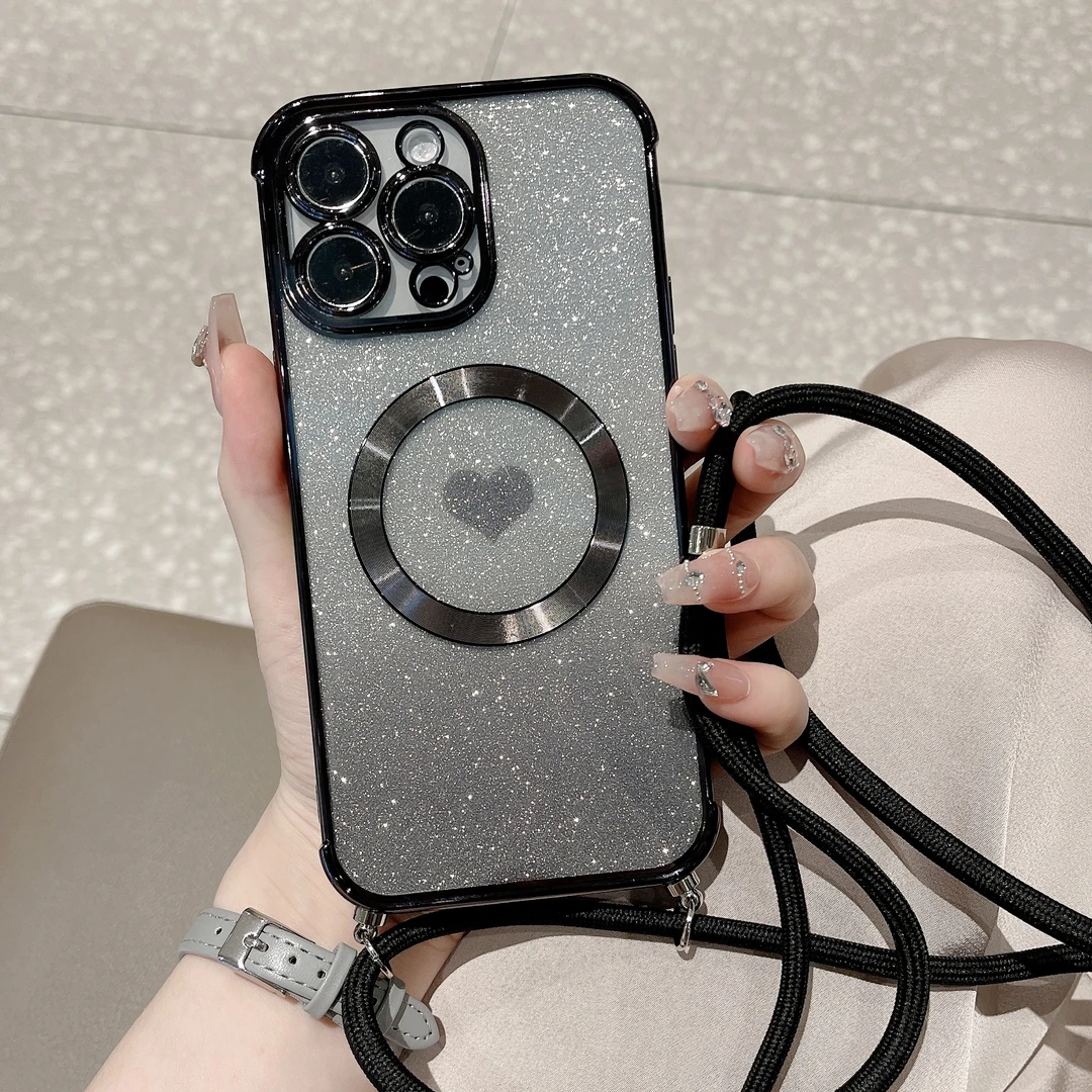 电镀爱心适用苹果15promax手机壳磁吸潮闪粉斜挎带挂绳iphone14