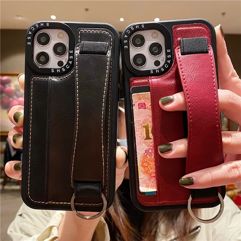 简约皮纹苹果14Promax手机壳iPhone13插卡皮11带支架12腕带潮牌男