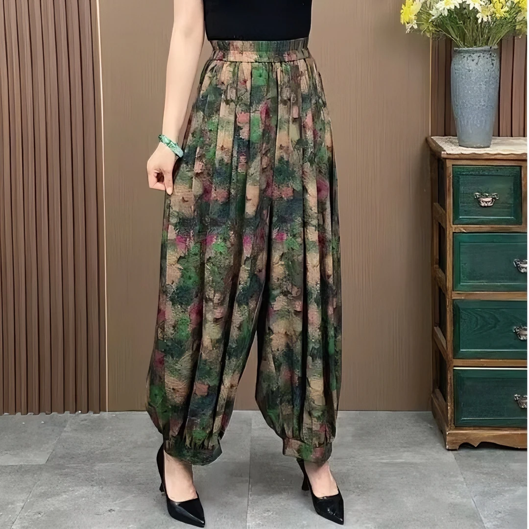 2024夏季新款花色显瘦休闲时尚印花复古百搭宽松碎花灯笼裤九分裤