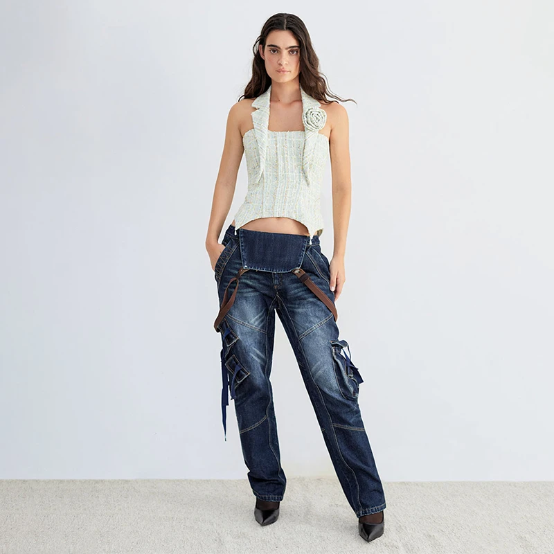 Boujee花朵装饰小香风挂脖鱼骨束身胸衣珍珠白色可拆卸西装领俏皮