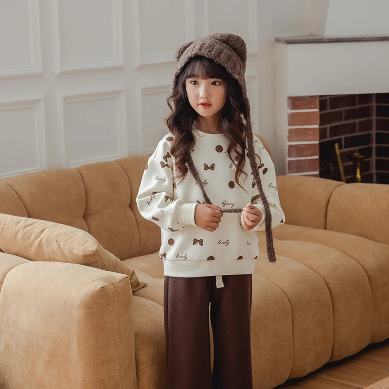 品牌2024春秋新款女童卫衣波点蝴蝶结大童上衣儿童套头衫DGE45733